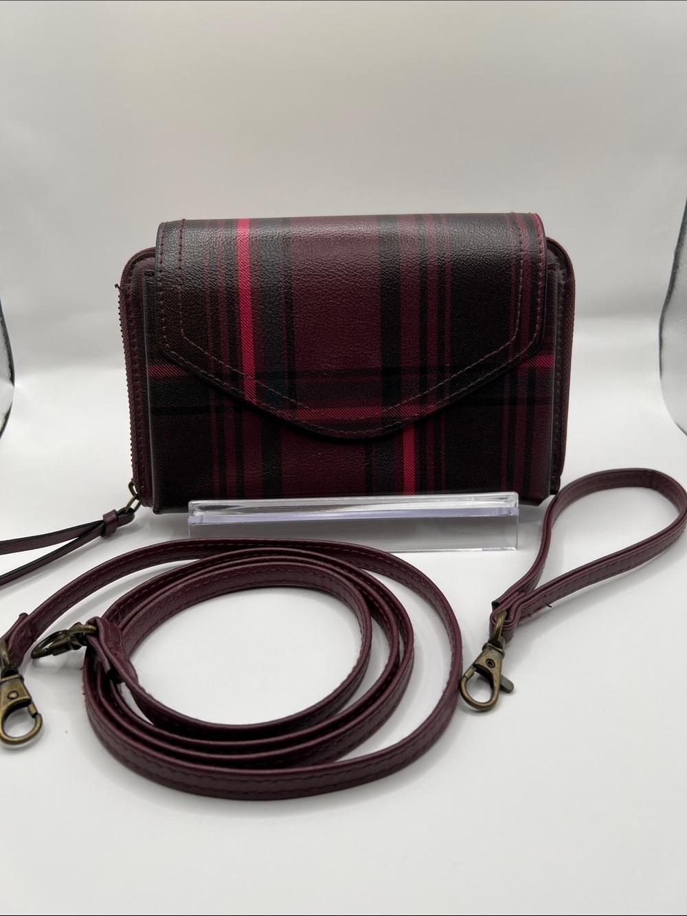 Women's Burgundy Plaid Crossbody Wallet - Unbranded - Picture 3 of 9